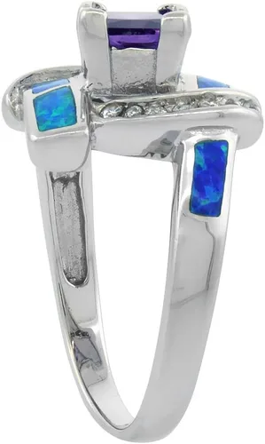 Vista 3 de Anillo de plata de ley sintética con ópalo azul para mujer blanco y amatista CZ de 58 pulgadas