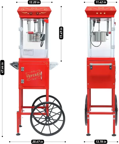 Vista 3 de Máquina para hacer palomitas de maíz, carrito profesional con hervidor de 6 onzas para hasta 25 tazas, máquina comercial vintage de acero Rojo