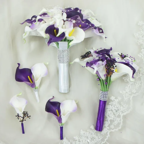 Vista 5 de Lily Garden® Real Touch - Ramo de boda de flores moradas y blancas (juego de 5)