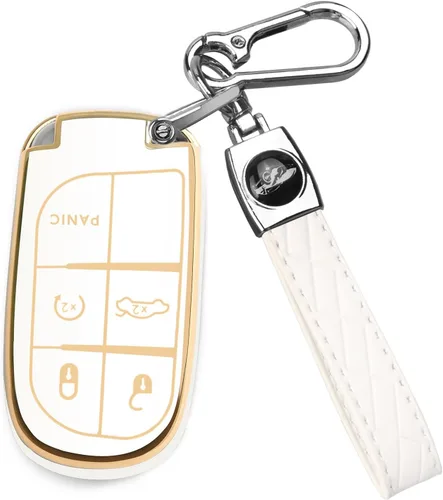 Vista 9 de QBUC Funda para llavero de Jeep con llavero de cuero TPU funda de protección compatible con llave inteligente Grand Cherokee Renegade (rosa)