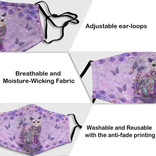 Vista 5 de 1 unids colorido gato y diamantes de imitación 3D impreso tela máscara facial con alambre de nariz para mujeres, hombres adultos amantes de gatos