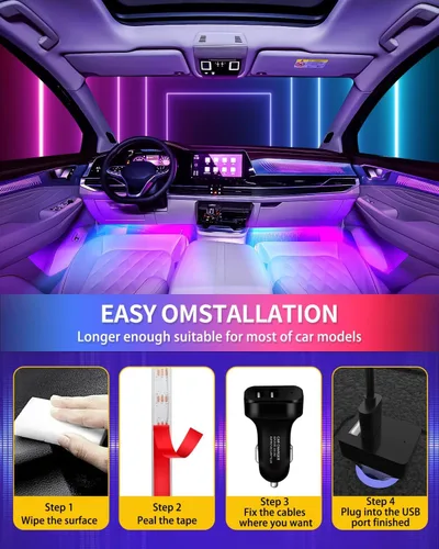 Vista 3 de YM E-Bright Tiras de luces LED RGB para automóvil con control de aplicación, mando a distancia inteligente, interior de neón debajo del salpicadero
