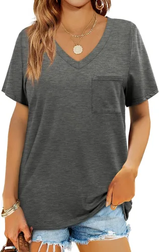 Vista 4 de Geifa Camisetas de manga corta con cuello en V para mujer, camisetas casuales de verano con bolsillo