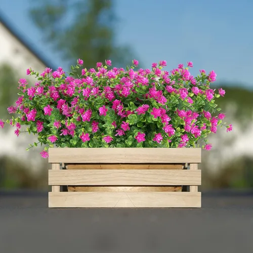 Vista 3 de 8 paquetes de flores artificiales, arbustos de boj falsos, resistentes a los rayos UV, no se decolora, vegetación sintética, loto de plástico Fucsia