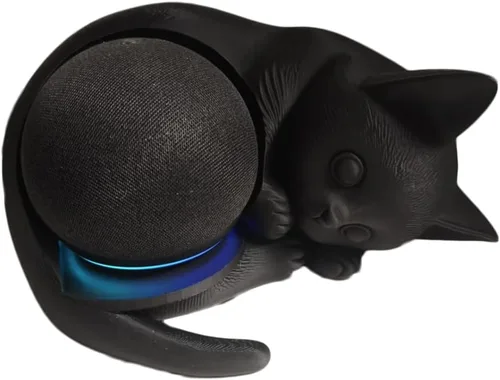 Vista 7 de Soporte impreso en 3D con forma de gato para Echo Dot 5ª generación, organizador de escritorio negro PLA+ compatible con Echo Dot 5, bonita