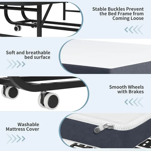 Vista 3 de Cama plegable, camas portátiles de 75 x 31 pulgadas para adultos, marco de metal resistente y resistente, cama plegable con ruedas