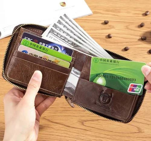 Vista 7 de BULLCAPTAIN Cartera de cuero con cremallera para hombre con cremallera y cierre RFID