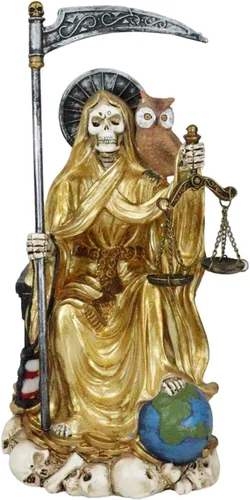 Vista 5 de Ebros Gift Santa Muerte Sosteniendo Guadaña Reloj de arena y escalas de justicia con búho sabio sentado en el trono Estatuilla Hueso de la Muerte