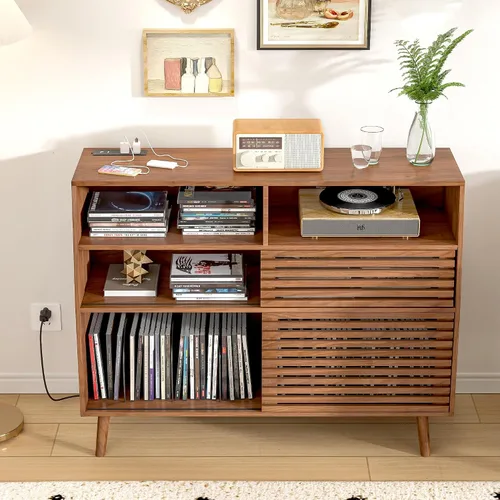 Vista 8 de Jluomei Soporte grande para tocadiscos, soporte para tocadiscos de mediados de siglo con puertas y estación de carga, mesa para tocadiscos