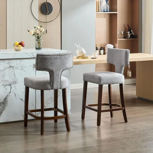 Vista 15 de Set of 2 Counter Height Bar Stools with Farmhouse Linen Upholstery, Curved Backrest Dining Chairs with Hardwood Frame for Kitchen Counter, Table &