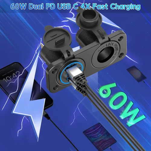 Vista 2 de Enchufe para Encendedor de Cigarrillos Qidoe Panel Divisor 12V 78W Salida USB 12V Doble USB C PD&QC3.0 Enchufe Cargador de Coche con Interruptor