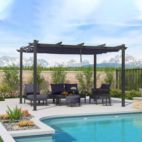 Vista 14 de PURPLE LEAF Pergola retráctil de 10 x 10 pies, pérgola blanca, toldo extra, azul marino