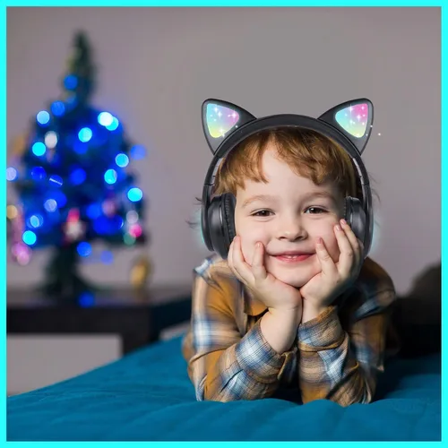 Vista 2 de Auriculares inalámbricos para niños y niñas con orejas de gato, LED que brillan con luces Bluetooth con micrófono para Negro