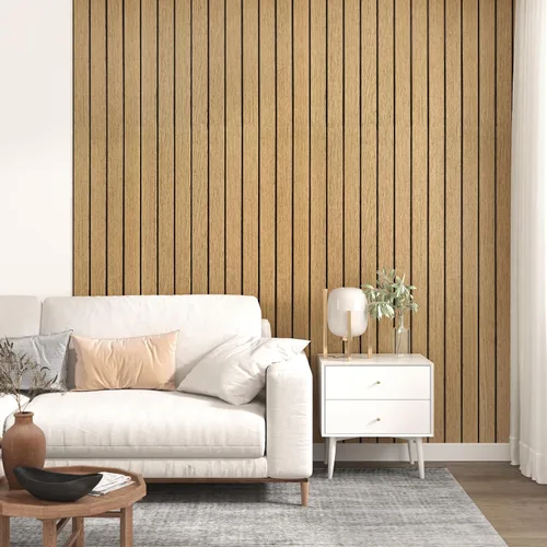 Vista 2 de Paneles de madera marrón para despegar y pegar, panel de listones de pared de madera sintética acústica con textura 3D, autoadhesivo, insonorizado