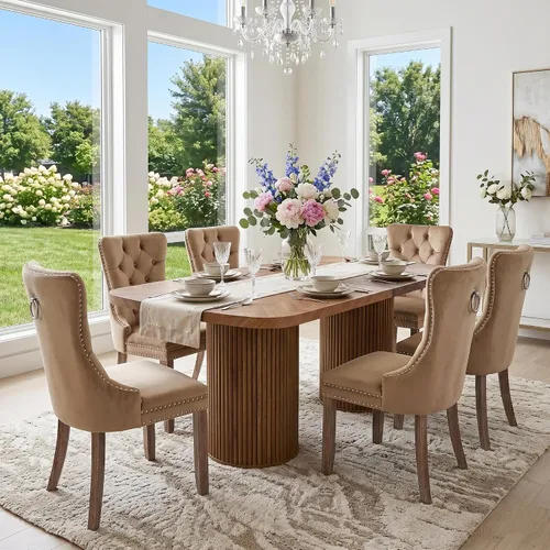 Vista 22 de Mesa de comedor extra larga de 78.7 pulgadas para 6-10 personas, mesa de cocina moderna con bases estriadas, mesa de comedor rectangular de granja