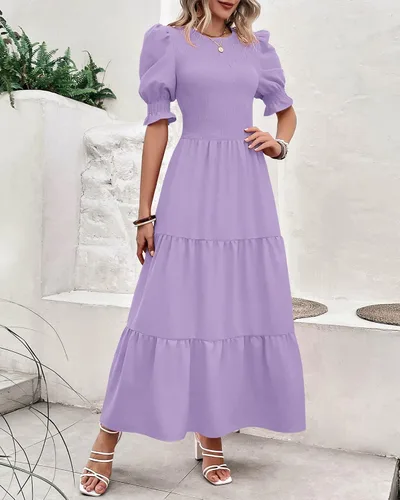 Vista 144 de BTFBM Vestidos para mujer, cuello redondo, casual, de verano, con volantes, manga corta, bohemio, con niveles, fruncido, largo, con estampado floral