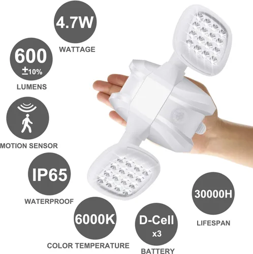 Vista 2 de HONWELL Luz con sensor de movimiento para exteriores, funciona con pilas, luz de inundación de seguridad exterior, inalámbrica, IP65, impermeable