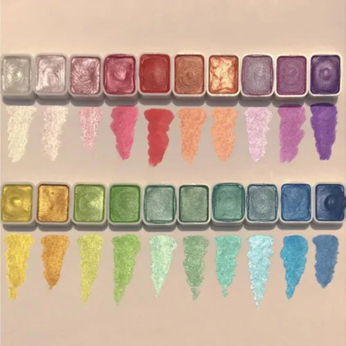 Vista 4 de Juego de pintura de acuarela de 20 colores, juego de pintura de acuarela metálica, caja de pintura sólida de acuarela con purpurina, paleta