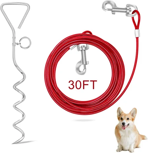 Vista 9 de Relux Cable y estaca de amarre para perros, estaca en espiral resistente de 16 pulgadas para perros pequeños a medianos (azul-16 pies, 2 unidades)