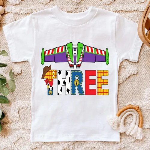 Vista 2 de Story Toy Camiseta de tercer cumpleaños Buzz Lightyear Traje niña niño 3er cumpleaños (4T) blanco