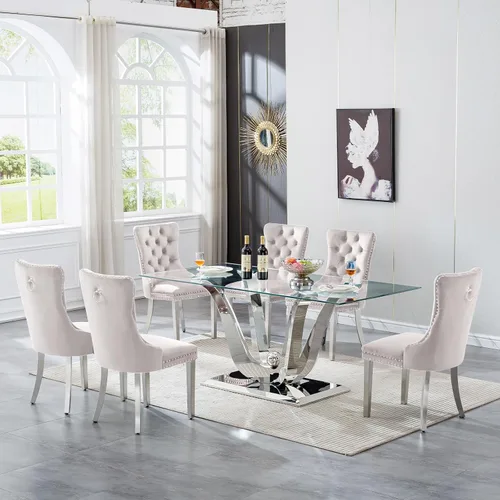 Vista 44 de Moderno juego de mesa de comedor de cristal de 5 piezas para 4, 70 pulgadas rectangular con 4 sillas copetudas de terciopelo beige, juego de mesa