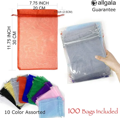 Vista 2 de Allgala 100 bolsas de regalo Orangza PF53400 con cordón, 8 x 12 pulgadas, surtidas
