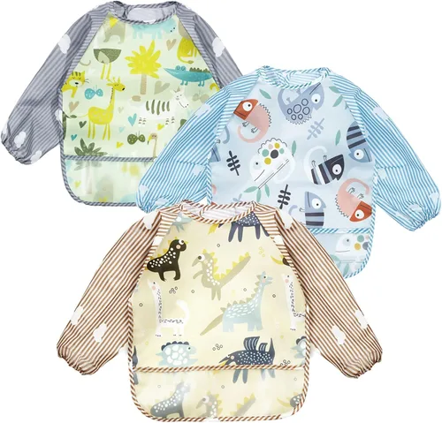 Vista 6 de PandaEar Paquete de 3 baberos de manga larga Babero impermeable de manga completa para bebés de 6 a 36 meses