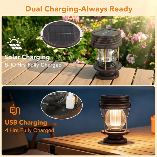 Vista 3 de Faroles solares colgantes para exteriores, decoración de patio, doble carga solar y USB, sensor de luz ajustable, lámpara de mesa decorativa retro
