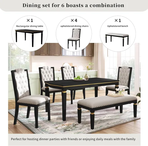 Vista 3 de Elegante juego de mesa de comedor de cocina de 6 piezas, mesa rectangular de madera y 4 sillas copetudas de respaldo alto y 1 banco, juego de mesa