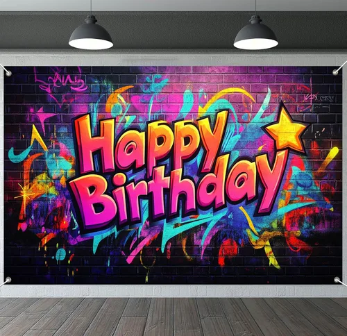 Vista 17 de IVN Pancarta de decoración de cumpleaños, graffiti, tema de galaxia, telón de fondo de 71 x 43 pulgadas con letras de burbujas blancas, estrellas