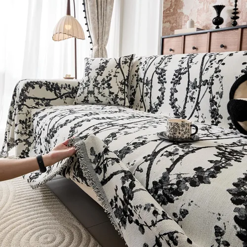 Vista 2 de DREAMINGO Funda de sofá decorativa de chenilla con diseño floral de granja Rama Botánica Negro