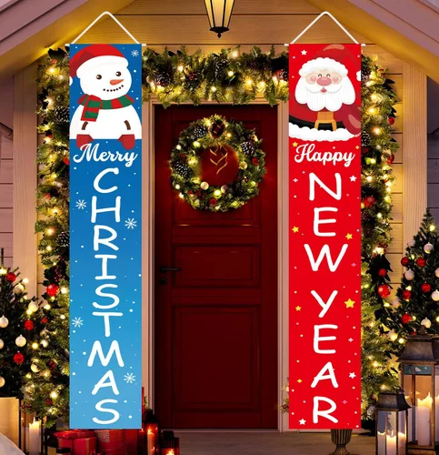 Vista 6 de Decoraciones de Navidad Feliz Año Nuevo Decoraciones Feliz Navidad Muñeco de Nieve Santa Claus Banner de Navidad Cartel de Porche de Puerta