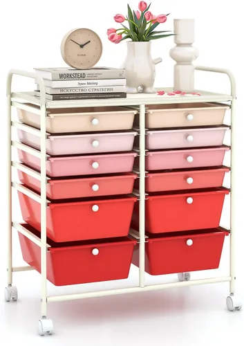 Vista 52 de LDAILY Carrito de almacenamiento con ruedas de 9 cajones, carrito rodante con cajones para aula, organizador de manualidades con ruedas con marco