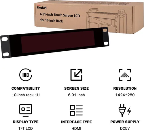 Vista 7 de GeeekPi Pantalla táctil LCD de 6.91 pulgadas 1424x280 1U Monitor de montaje en rack para DeskPi RackMate T0/T1/T2/T0 Plus/T1 Plus/TL1 gabinete