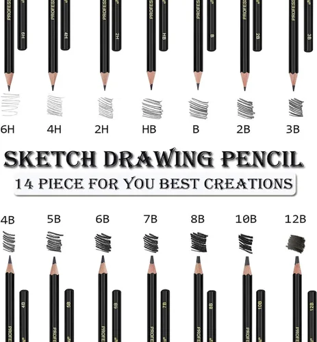 Vista 2 de Juego de lápices de dibujo para dibujo, paquete de 14 unidades, grafito, para arte, kit de lápices para bocetos, sombreado, lápices de artista