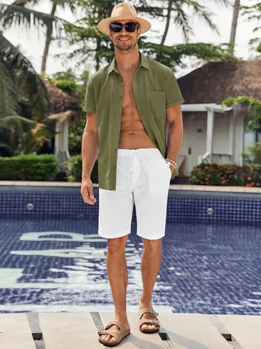 Vista 5 de Bbalizko - Camisas de manga corta para hombre con botones, de lino y algodón, para la playa, con cuello abierto, lisas, de verano, con bolsillo