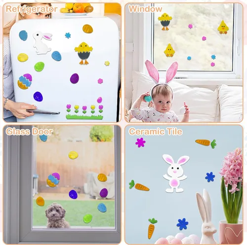 Vista 7 de 4 adhesivos de Pascua para ventanas de vidrio, adhesivos decorativos de gel de Pascua para niños, calcomanías de Pascua impresas coloridas