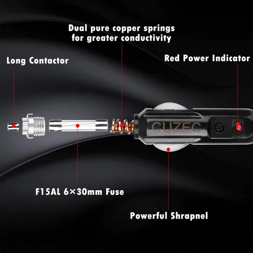Vista 2 de CUZEC – Adaptador para encendedor de cigarrillos de 15 A, cable de alimentación con cable de 1.6 ft, 16 AWG, para inversor de coche, bomba de aire