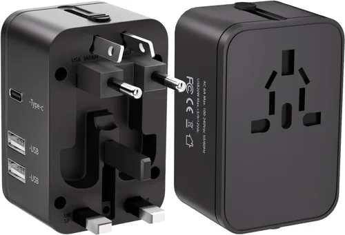 Vista 11 de Adaptador de enchufe de viaje con 2 USB A+1 USB C, adaptador de viaje universal todo en uno, convertidores de corriente, cargador de pared