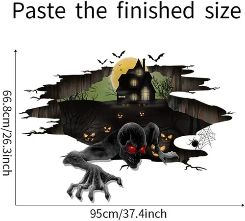 Vista 6 de Calcomanías 3D para techo de piso de Halloween, calcomanías creativas de pared de fantasmas de terror, calcomanías de pared de castillo antiguo