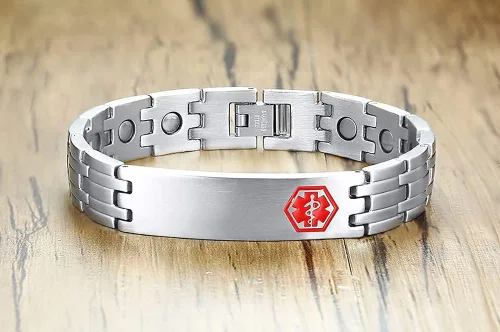 Vista 5 de MEALGUET Pulsera de identificación médica para hombres grabado gratuito de acero inoxidable, alerta médica masculina, joyería de identificación