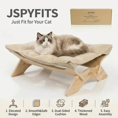 Vista 3 de JSPYFITS Hamaca elevada para gatos, cama ortopédica elevada para perros con cojín de felpa y lino de doble cara, muebles modernos para gatos