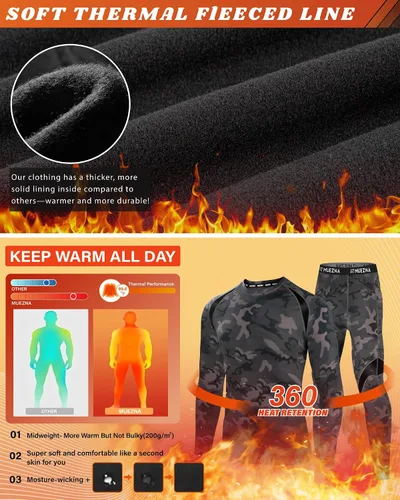 Vista 2 de Muezna Conjunto térmico para hombre con parte superior e inferior, capa base larga con forro polar suave
