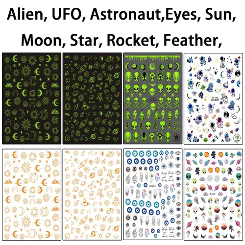Vista 7 de Calcomanías de arte de uñas alienígenas, astronauta, tierra, luna, estrella, ovni ojos de cohete, diseños de calcomanías autoadhesivas para uñas