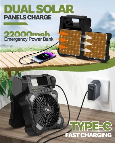 Vista 4 de Ventilador Solar de Camping de 22000mAh, Ventilador Solar Recargable de Doble Panel con Luz LED, 5 Velocidades Ajustables Ventiladores Portátiles