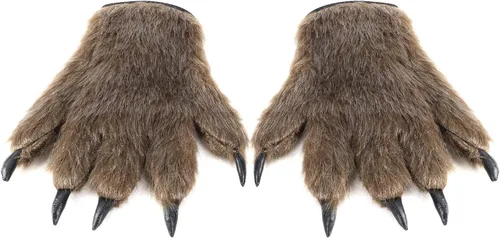 Vista 3 de 1 par de guantes de pata peluda de animales de Halloween, hombre lobo, oso diablo, guantes horribles para manos peludas, guantes de garra