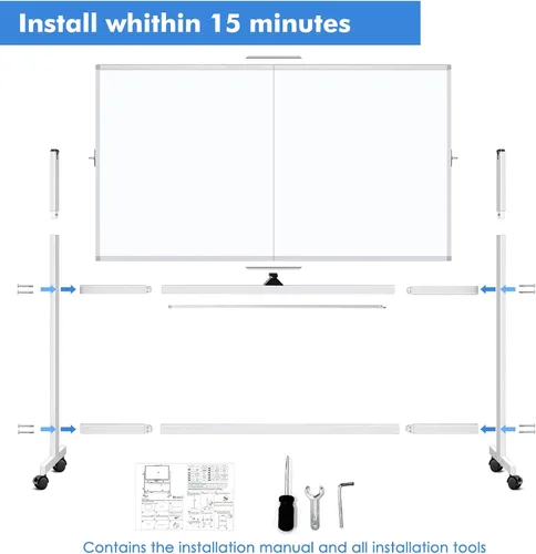 Vista 6 de Pizarra blanca rodante de doble cara, 72 x 40 pulgadas, pizarra blanca grande con soportes, pizarra magnética reversible de 360° de borrado en seco