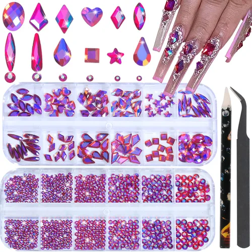 Vista 20 de Diamantes de imitación para uñas, tamaño 3D multiforma, gemas y dijes de cristal AB para uñas, parte trasera plana, con kit para arte de uñas