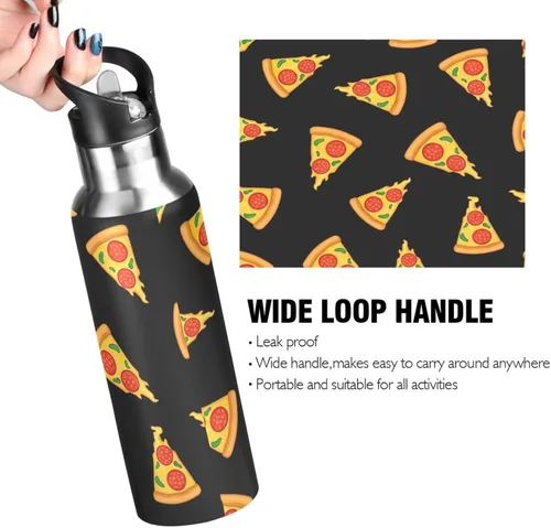 Vista 4 de Stainless Steel Vacuum Insulated Water Bottle 32 Oz, Leakproof Water Bottles for Gym Outdoor Travel School, Cartoon Slices Pizza Black