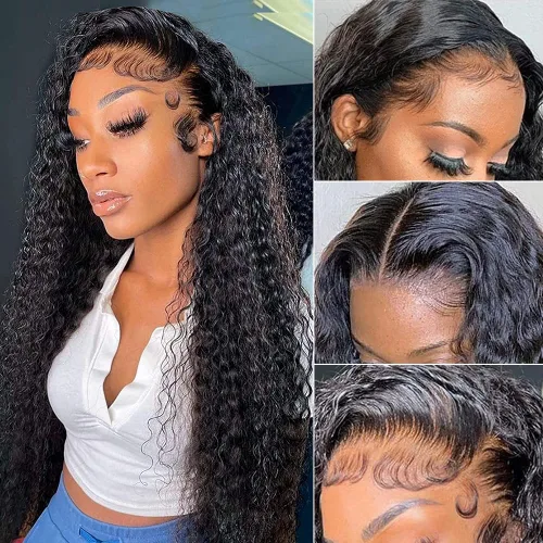 Vista 8 de Wingirl - Pelucas de cabello humano con encaje frontal HD de 13 x 4 pulgadas, prearrancadas con abuelitos 180 Density Brazilian Deep Wave Frontal